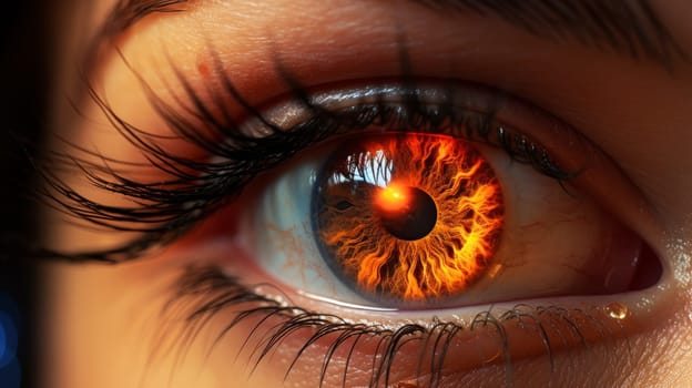 Energy and Danger concept image of human eye with fire flames. Generated with artificial Art