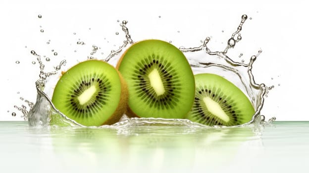 Kiwi splash with water drops in motion on white background. artifial art