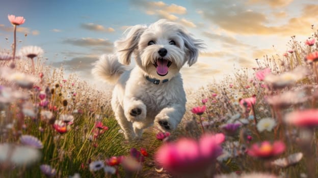 Beautiful young Terrier runs through colorful blooming meadow with Flowers. Artificial Art