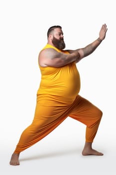 Active fat person doing sports on white background. artificial art