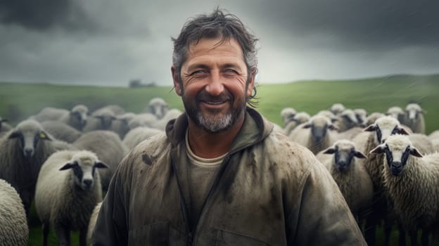 Attractive male shepard with his flock of sheeps exposed to the cold and the rain - generated artificial art