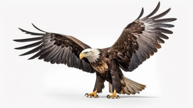 Majestic raptor spreads wings, flying high. Isolated over white background. artificial art
