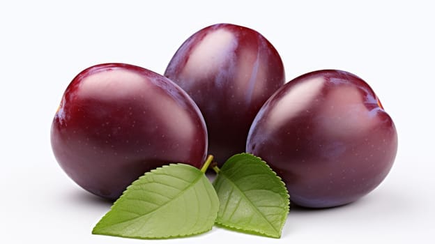 Fresh plums with green leaf isolated on white background. artificial art