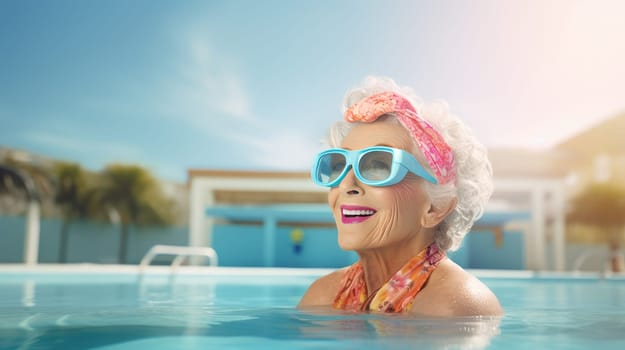 A elderly woman enjoying a relaxing vacation at a tourist resort. Artificial Art