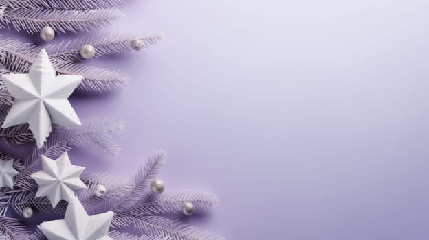 Christmas holiday star and fir branch background in bright purple colours. Winter theme wallpaper.
