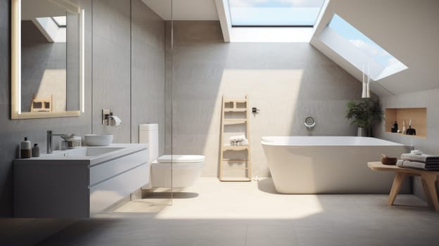 Beautiful bathroom in luxury home with bathtub, and shower. artificial art