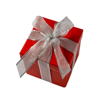 Bright red gift box with silver ribbon isolated on white background