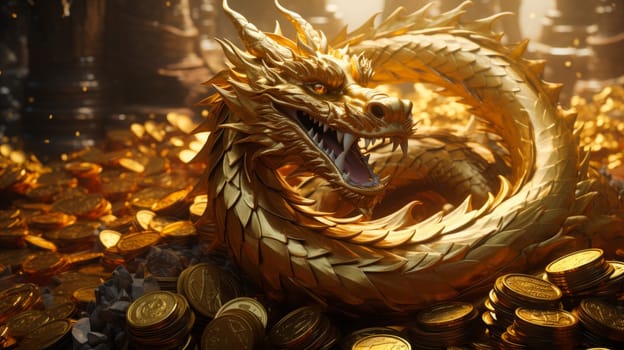 Chinese golden Dragon surrounded with golden coins. Wealth and prosperity.