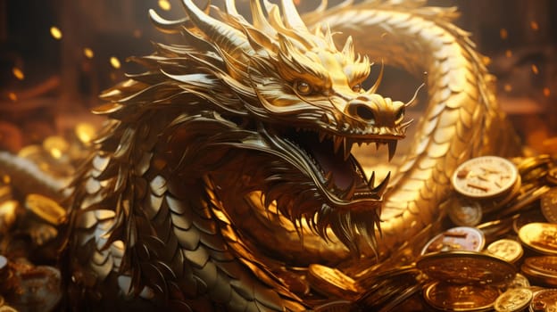 Chinese golden Dragon surrounded with golden coins. Wealth and prosperity.