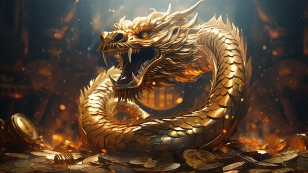 Chinese golden Dragon surrounded with golden coins. Wealth and prosperity.