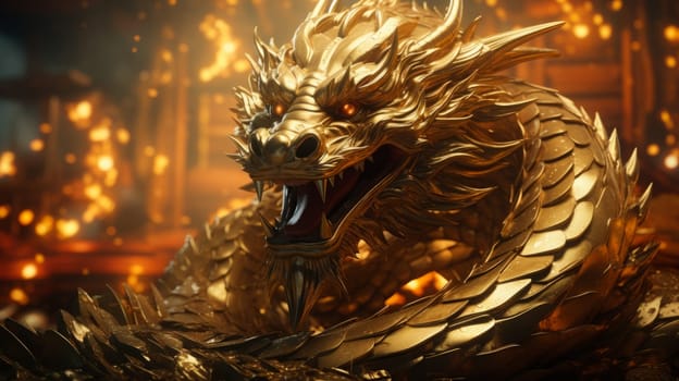 Chinese golden Dragon surrounded with golden coins. Wealth and prosperity.