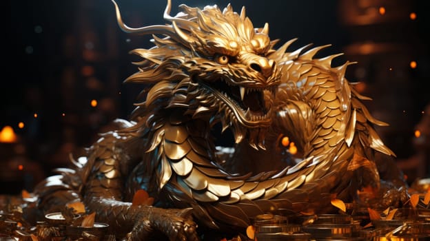 Chinese golden Dragon surrounded with golden coins. Wealth and prosperity.