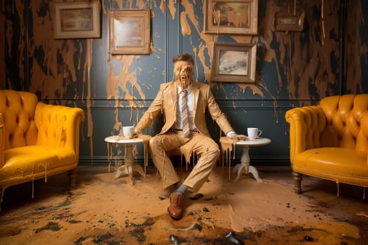 Man spilling cup of coffee over his business suit, awkward moment at a restaurant, embarrassing situation