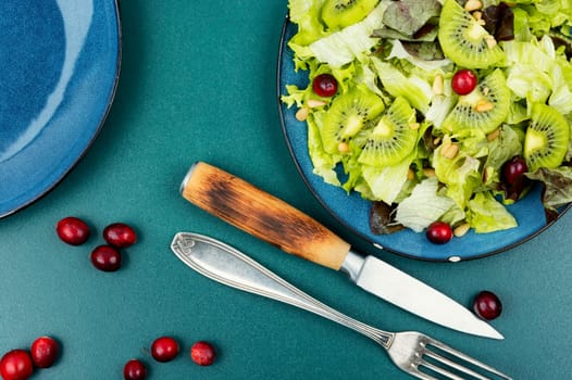 Raw salad of kiwi, lettuce, berries and pine nuts in old ceramic plate . Keto diet, salad plate.
