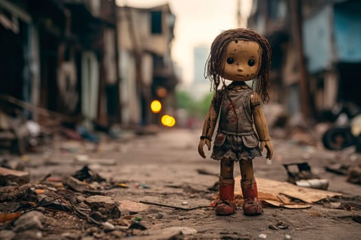 Frightened old dirty doll standing on a street of War destroyed city. Horribleness of war. The concept of the horrors of military conflicts. War and children concept. AI generated