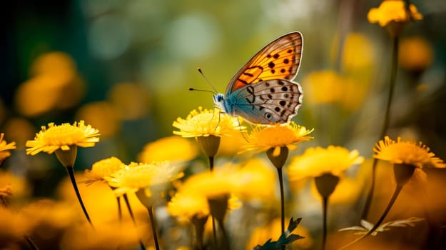 Beautiful butterfly on a yellow flower in nature outdoors close-up. AI generated