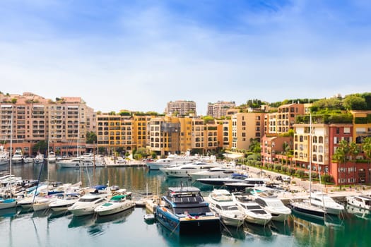 Fontvieille harbour, Monte Carlo - 17 August 2023: cityscape with yachts of the second port of Montecarlo