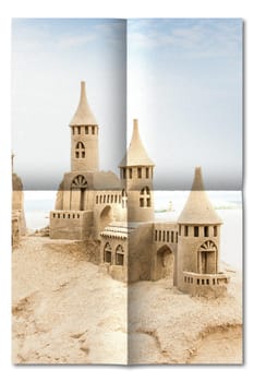 Creative picture of sendcastles on a sunny beach with blue sky. Concept of leisure, holiday, vintage nostalgia memory