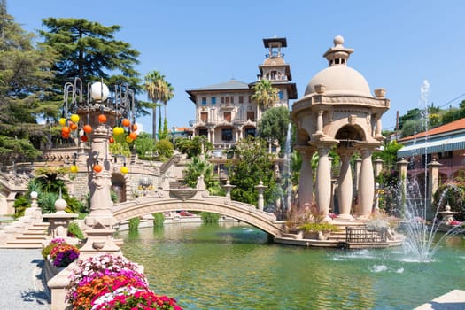 Imperia, Italy - 14 August 2023: Villa Grock - Grock's Italian mansion with garden, fountain, beautiful summer