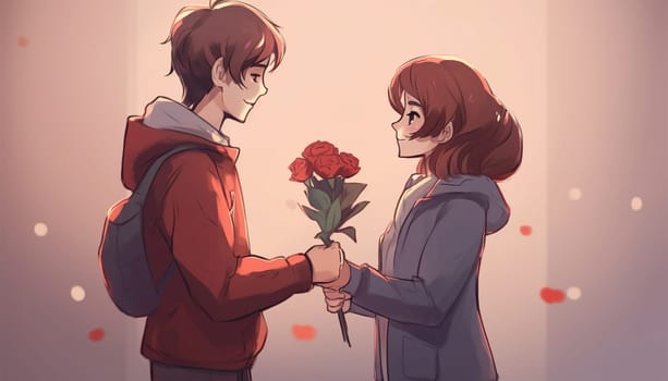 Unexpected moment in routine everyday life! Couple relationships. Boyfriend gives roses to girlfriend on Valentines Day. Romantic Valentine concept, copy space. Valentine's Day theme Space for text