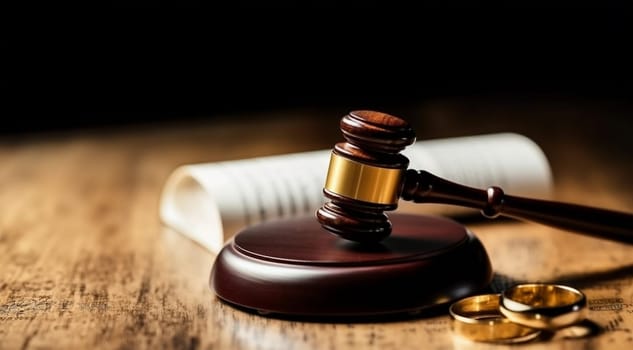Divorce by law. Two golden rings,contract and Judge hammer. Husband and wife getting a divorce concept. Division of property after a divorce. hammer of a judge. Copy space Space for text