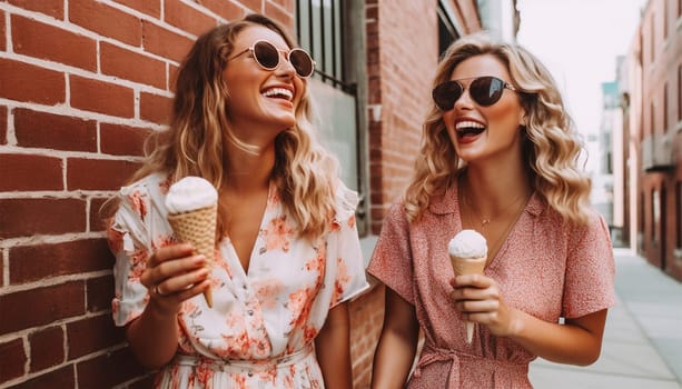 Girlfriends laughing and eating ice cream. Two young women standing together laughing and eating ice cream. Happy young female friends with icecream enjoying together on a summer day. Holiday concept Happy