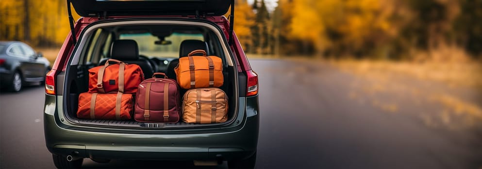 Summer Travel Time Overloaded Luggage. Baggages in the car for travel concept. Suitcases Holiday Concept Adventure Trip. Copy space Space for text