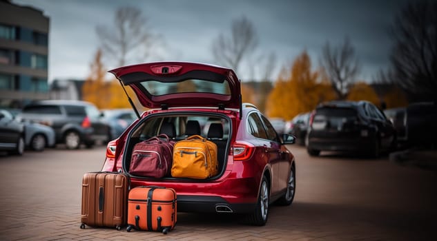 Summer Travel Time Overloaded Luggage. Baggages in the car for travel concept. Suitcases Holiday Concept Adventure Trip. Copy space Space for text