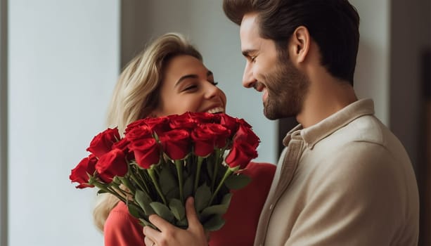 Unexpected moment in routine everyday life! Couple relationships. Boyfriend gives roses to girlfriend on Valentines Day. Romantic Valentine concept, copy space. Valentine's Day theme Space for text