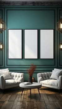 Sitting area Modern living room Mockup poster frame on the wall, a stylish sofa in Scandinavian Livingroom, 3d rendering, 3d illustration copy space. Stylish interior design Space for text