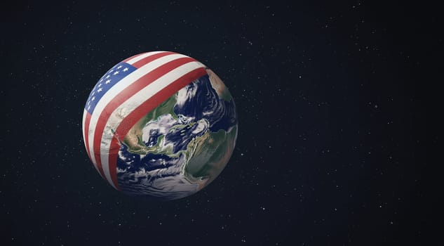 Flag of the United States on the Earth. Star Spangled flag, American flag. Colorful national flag. digital illustration,computer illustration, World domination of the USA. America with copy space. VS taking over the world Space for text
