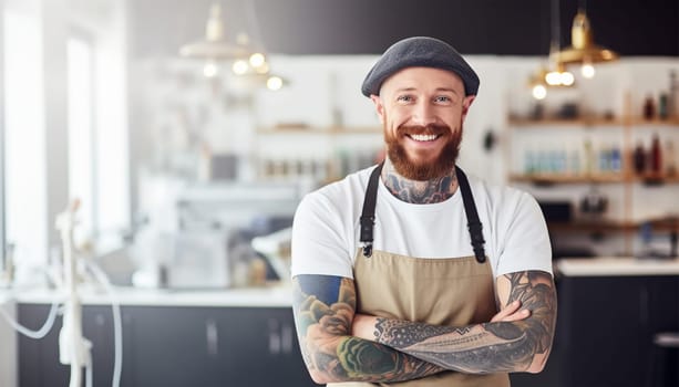 Confident tattooer master artist tattooed man wear apron hold hands crossed folded, machine black ink in jar, equipment for making tattoo art on body. Tattoo master inside of Tattoo shop. Proud owner entrepreneur copy space