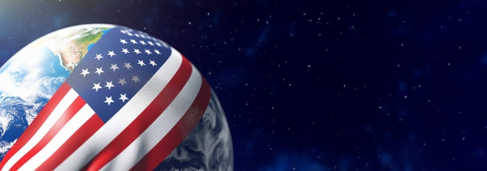 Flag of the United States on the Earth. Star Spangled flag, American flag. Colorful national flag. digital illustration,computer illustration, World domination of the USA. America with copy space. VS taking over the world Space for text