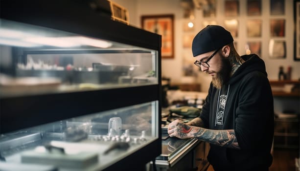 Confident tattooer master artist tattooed man wear apron hold hands crossed folded, machine black ink in jar, equipment for making tattoo art on body. Tattoo master inside of Tattoo shop. Proud owner entrepreneur copy space