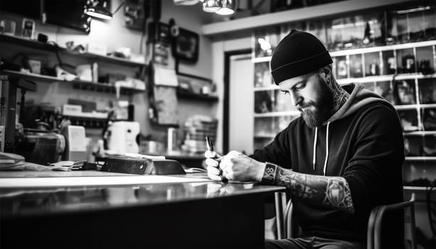 Confident tattooer master artist tattooed man wear apron hold hands crossed folded, machine black ink in jar, equipment for making tattoo art on body. Tattoo master inside of Tattoo shop. Proud owner entrepreneur copy space