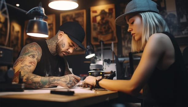 Confident tattooer master artist tattooed man wear apron hold hands crossed folded, machine black ink in jar, equipment for making tattoo art on body. Tattoo master inside of Tattoo shop. Proud owner entrepreneur copy space