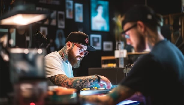 Confident tattooer master artist tattooed man wear apron hold hands crossed folded, machine black ink in jar, equipment for making tattoo art on body. Tattoo master inside of Tattoo shop. Proud owner entrepreneur copy space