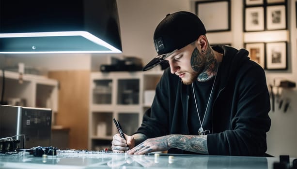 Confident tattooer master artist tattooed man wear apron hold hands crossed folded, machine black ink in jar, equipment for making tattoo art on body. Tattoo master inside of Tattoo shop. Proud owner entrepreneur copy space