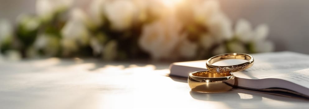 Two golden rings with contract for married concept. Happy long lasting marriage concept. bond with a contract Copy space Space for text