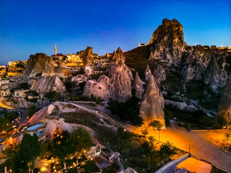 View of Uchisar Castle in Nevsehir Province in Cappadocia, Turkey after sunset