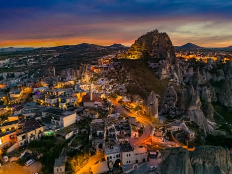 View of Uchisar Castle in Nevsehir Province in Cappadocia, Turkey after sunset