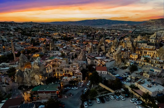 Aerial view of Goreme in Nevsehir Province in Cappadocia, Turkey.
