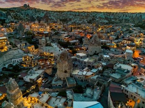 Aerial view of Goreme in Nevsehir Province in Cappadocia, Turkey.