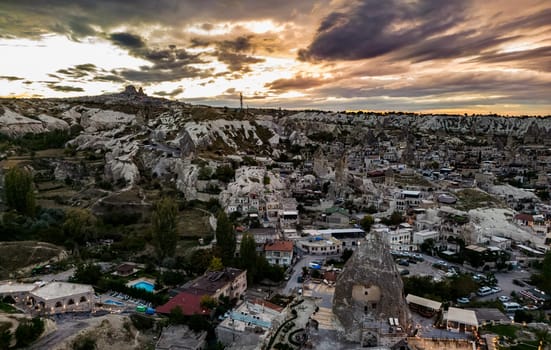 Aerial view of Goreme in Nevsehir Province in Cappadocia, Turkey.