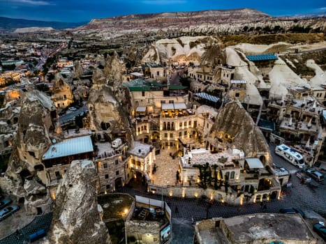 Aerial view of Goreme in Nevsehir Province in Cappadocia, Turkey.