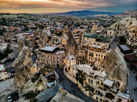 Aerial view of Goreme in Nevsehir Province in Cappadocia, Turkey.