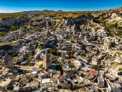 Aerial view of Goreme in Nevsehir Province in Cappadocia, Turkey.
