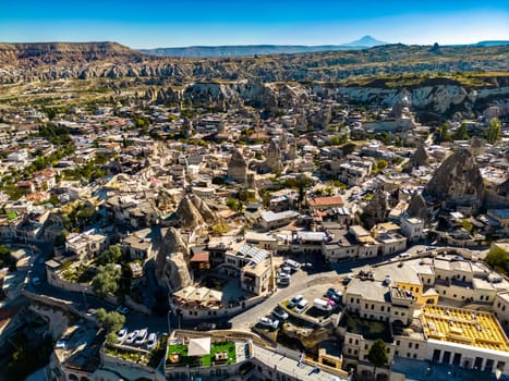 Aerial view of Goreme in Nevsehir Province in Cappadocia, Turkey.