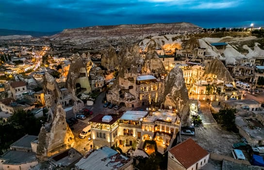 Aerial view of Goreme in Nevsehir Province in Cappadocia, Turkey.