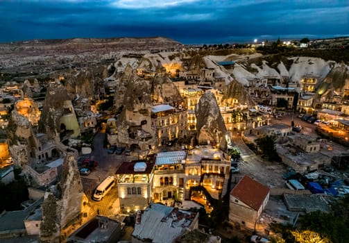 Aerial view of Goreme in Nevsehir Province in Cappadocia, Turkey.